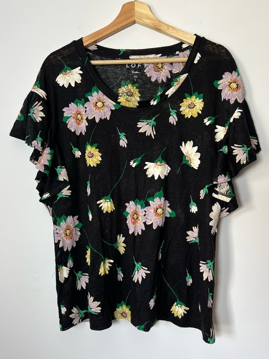 LOFT Tops - LOFT Black Floral Ruffle Sleeve 100% Linen Tee Spring